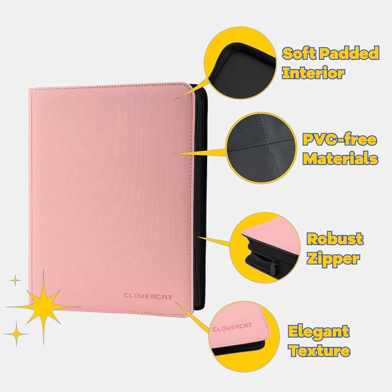 CLOVERCAT 9-Pocket Toploader Binder, Clovecat Premium Card Book, Holds 252 Trading Card with 20 Removable Top-loader Sleeves, PU Card Holder Folders,Card Album for MTG, TCG, Yugioh, Game & Sports Cards (Pink) - Image 2